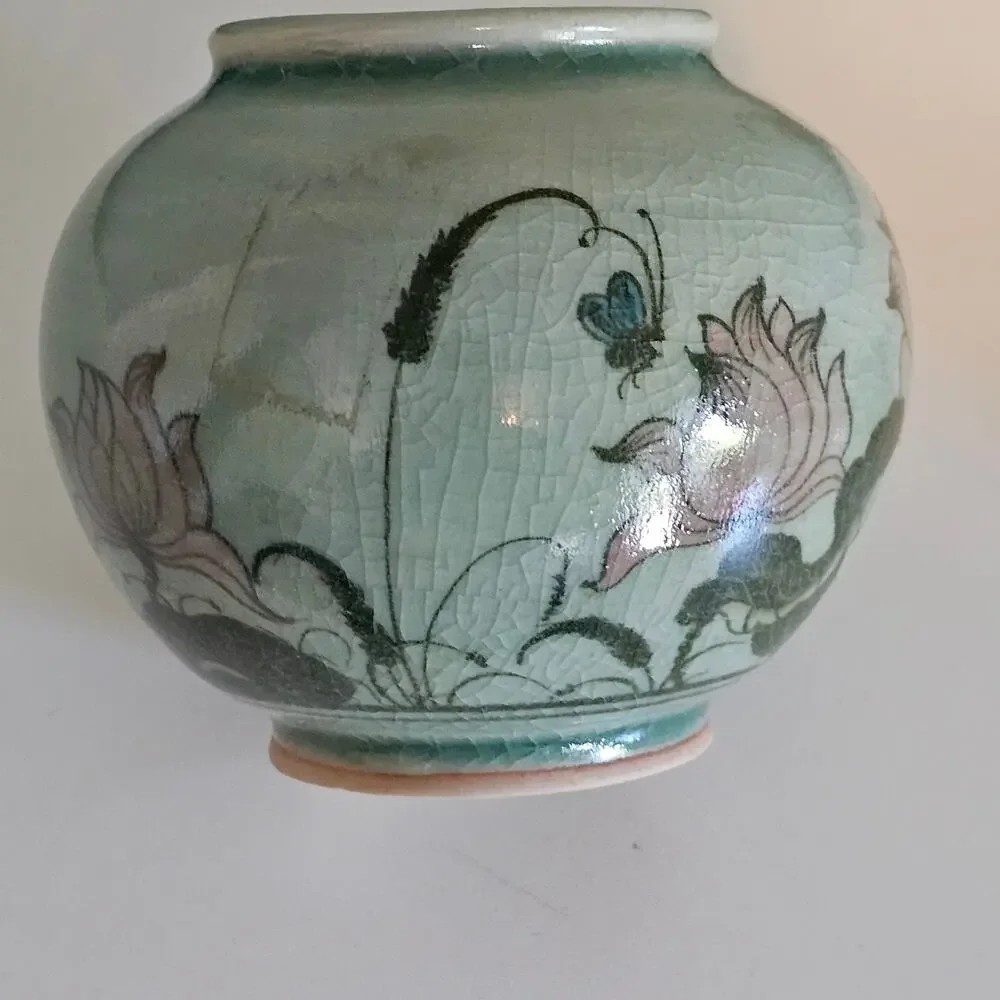 Vintage Baan Celadon Pottery Crackle Glaze Jar with Lotus Flowers from Thailand